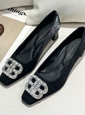 气质亮钻粗跟黑色高跟鞋女春季20B25新款复古方头浅口职业低跟单