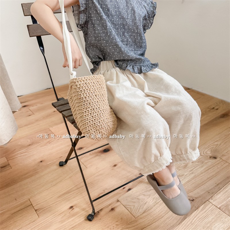 女童夏装花边7分裤女宝宝麻棉5分裤小女孩防蚊裤子2024夏天童装