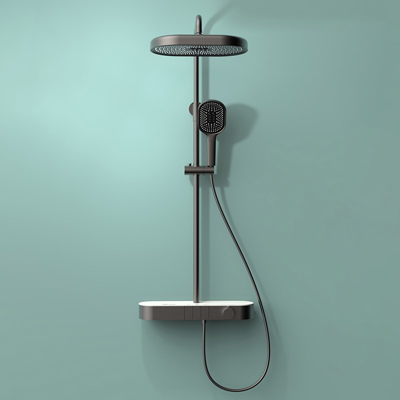 枪灰色浴室数显飞雨恒温花洒套装大置物台升降增压冷热水沐浴家用