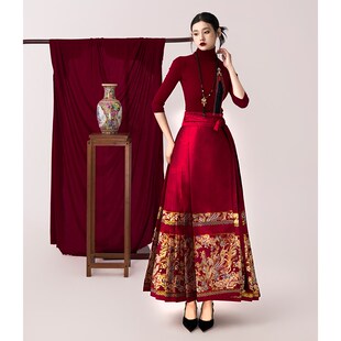 新中式高端马面裙女春季国风明制汉服半身裙J2024新款酒红色敬酒