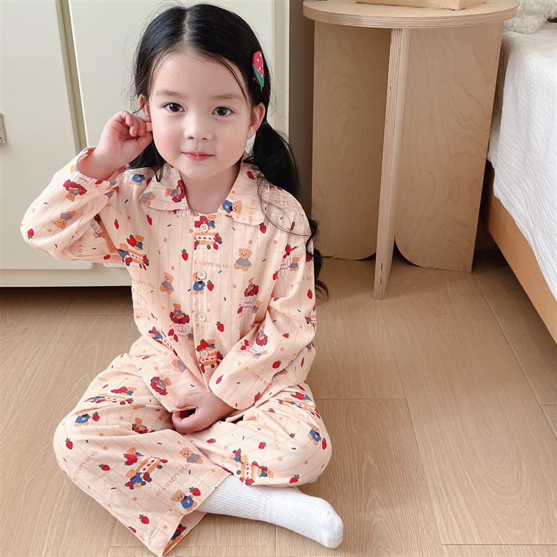 亲子温馨氛围拉满~柔软纯棉睡衣女童洋气翻领家居服男童卡通套装