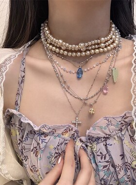 重工多层金色珍珠项链女个性设计锁骨链颈链