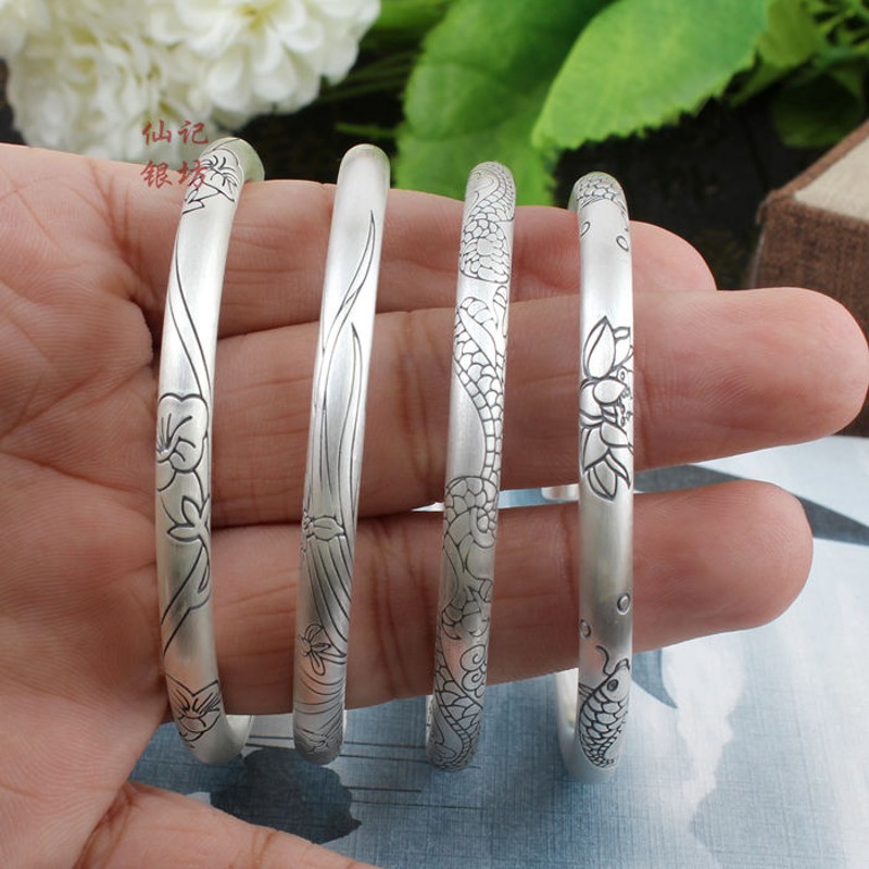 纯银手镯开口复古圆条手镯如意金箍棒手环情侣男士女设计镯子饰品