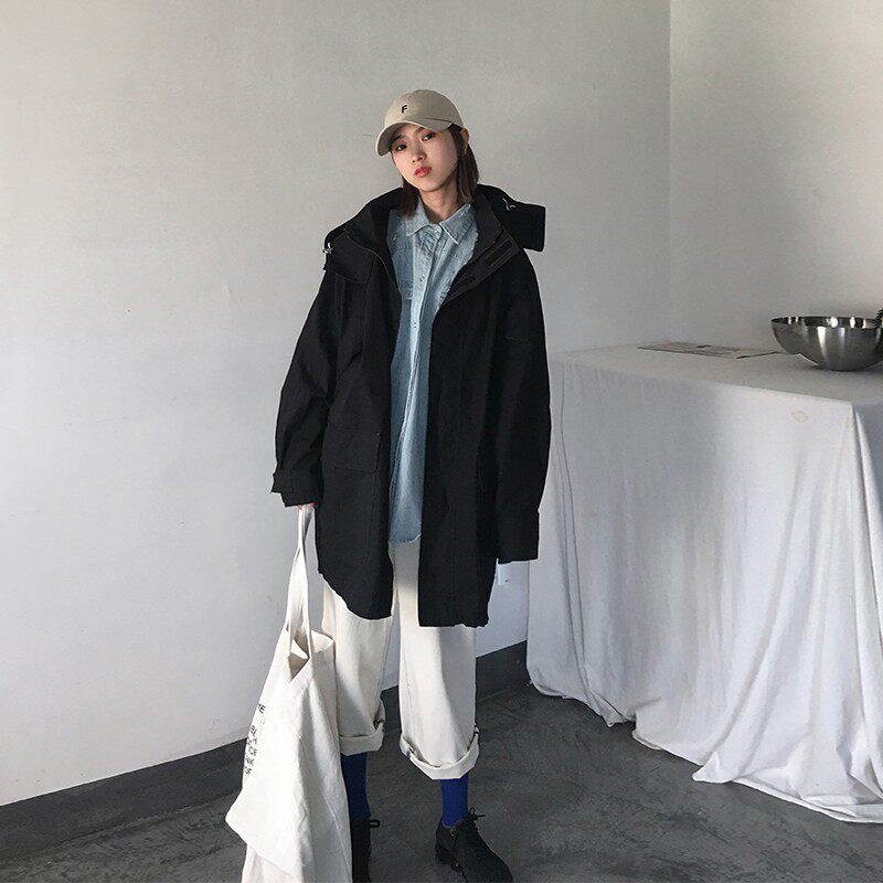 黑色工装冲锋风衣中长款宽松复古港味春秋外套Q女韩版薄款潮牌学