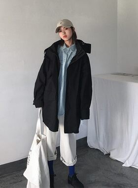 黑色工装冲锋风衣中长款宽松复古港味春秋外套Q女韩版薄款潮牌学