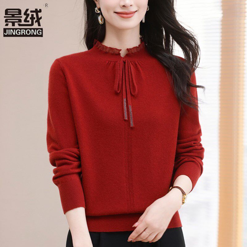 100%羊毛衫女秋冬减龄中年妈妈蕾D丝毛衣女洋气针织上衣打底羊绒
