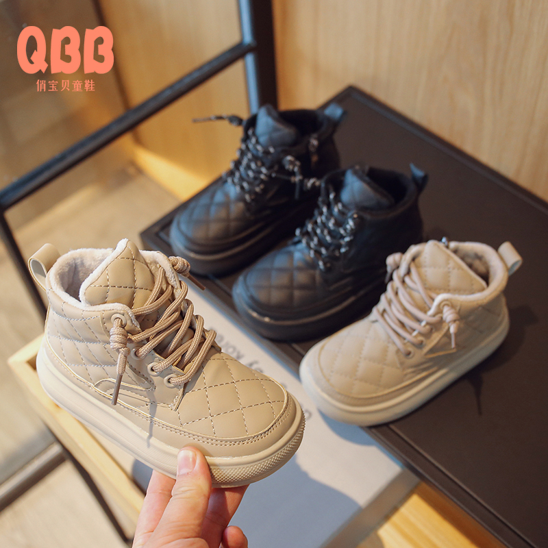 儿童靴子2022秋冬季新款棉鞋子女童加绒皮面短靴男童马丁靴二棉鞋