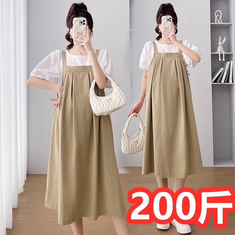 大码减龄孕妇装套裙夏季白色衬衫上衣+宽松背带裙a字连衣裙300斤