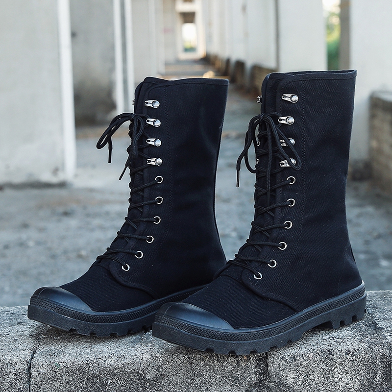 工装靴男鞋舌一体户外登山马丁靴军训靴高腰劳保鞋长筒高筒帆布鞋