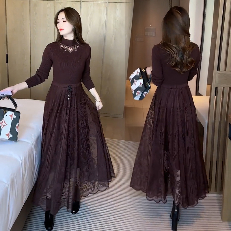 长款针织连衣裙女秋冬季2024新款高级感网纱拼接内搭打底长袖裙子