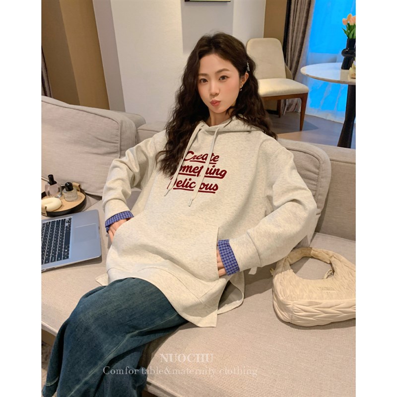孕妇装美式衬衫袖连帽卫衣2025春季新款T恤孕妇上衣洋气遮孕肚