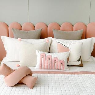 休闲儿童房样板房粉色床旗枕头组合展厅床上用品枕头女孩房床前毛