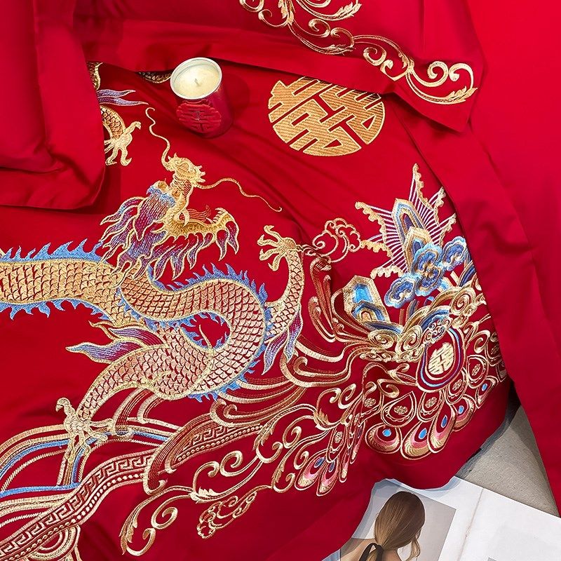 新中式180支长绒棉结婚四件套红E色龙凤被套床单婚庆床上用品4,床上用品,婚庆床品套件,淘宝优惠券,粉丝福利购,淘宝优惠卷