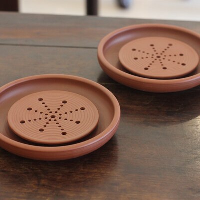 朱泥蓄水壶承 潮州功夫茶具 杯托壶托茶垫 紫砂漏水Z茶托二件套