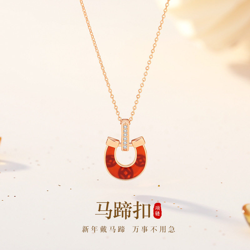 安排红玛瑙马蹄扣项链女S925纯银新中式国潮小众钱币锁骨链