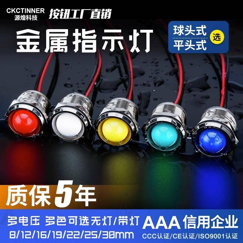 LED金属指示灯6mm8mm12mm16MM防水电源工作信号灯带线3v5v6V220V