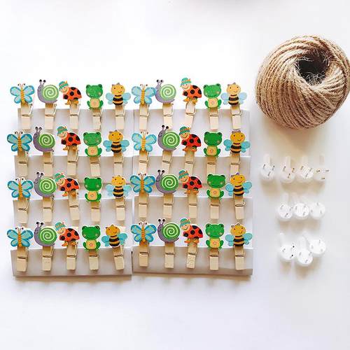 麻绳照片墙小夹绿色翡翠绿色昆虫木夹创意木制照片夹装饰绳