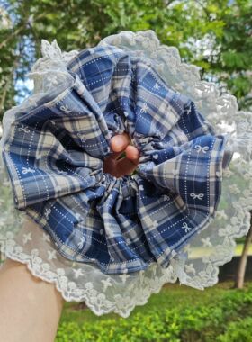 【复古蓝格纹】韩系氛围感蕾丝边大肠发圈气质扎发头绳丸子头发饰