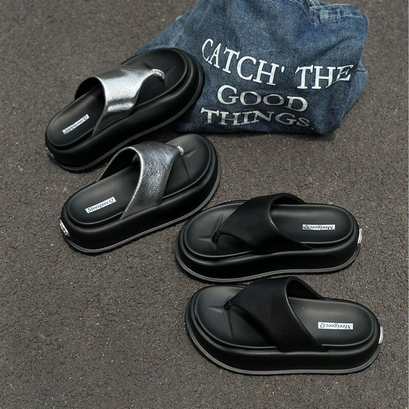 厚底人字拖鞋女款2024t新款夏季增高凉拖女外穿高级感银色沙滩鞋