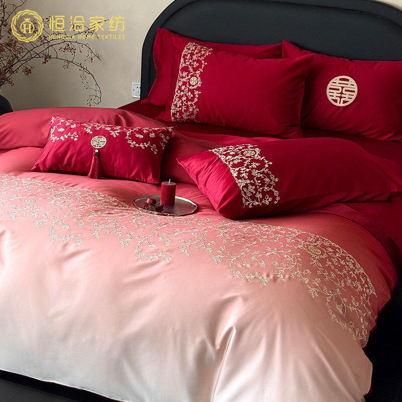 渐变色婚庆全棉四件套高级感花卉喜刺绣结婚R红色被套床上用品,床上用品,婚庆床品套件,淘宝优惠券,粉丝福利购,淘宝优惠卷