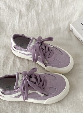 喜叔 夏季薄款紫色板鞋女2025新款透气帆布小R白鞋厚底休闲德训鞋