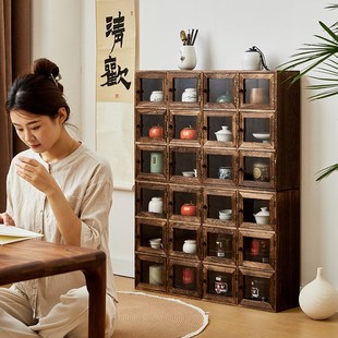 实木多宝阁博古架茶室p茶具收纳柜茶杯茶壶置物架紫砂壶陈列架整