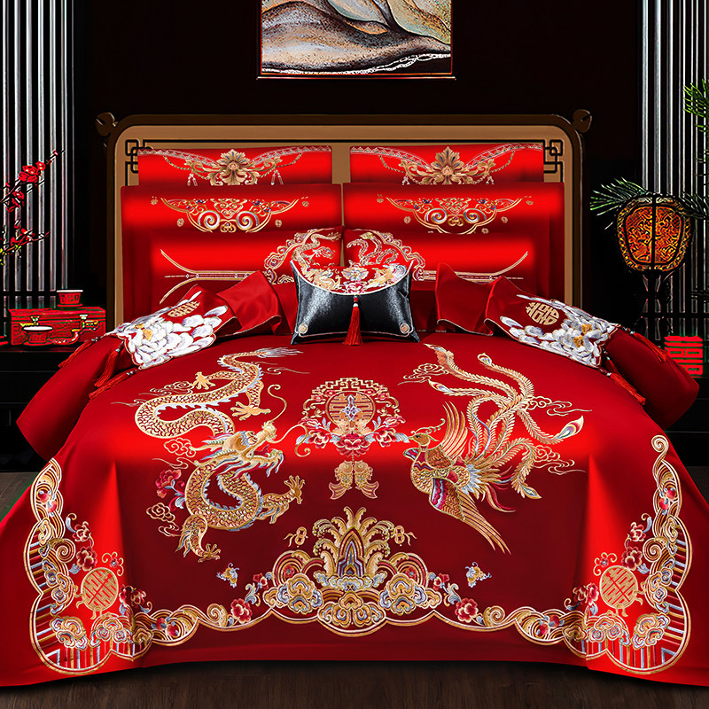 结婚四件套全棉刺绣龙凤婚庆大红喜庆被套婚房嫁床上用Z品六十件,床上用品,婚庆床品套件,淘宝优惠券,粉丝福利购,淘宝优惠卷