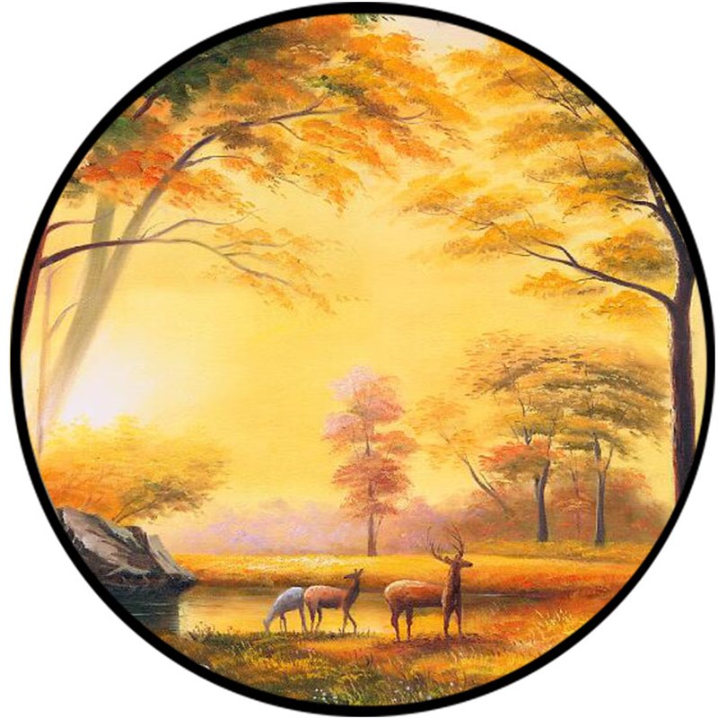 欧式客厅小鹿山水风景纯手绘油画玄关装饰画美式走廊过道圆形画图片