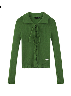 i.t GROUNDZERO韩系休闲修身系带绿色百搭毛衣针织衫女长袖上衣