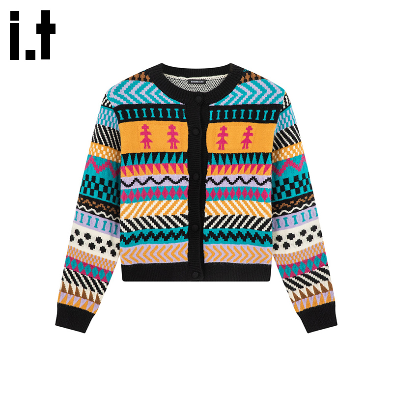 i.t GROUNDZERO2025秋冬毛拼接衣编织撞色纽扣开衫长袖针织衫女