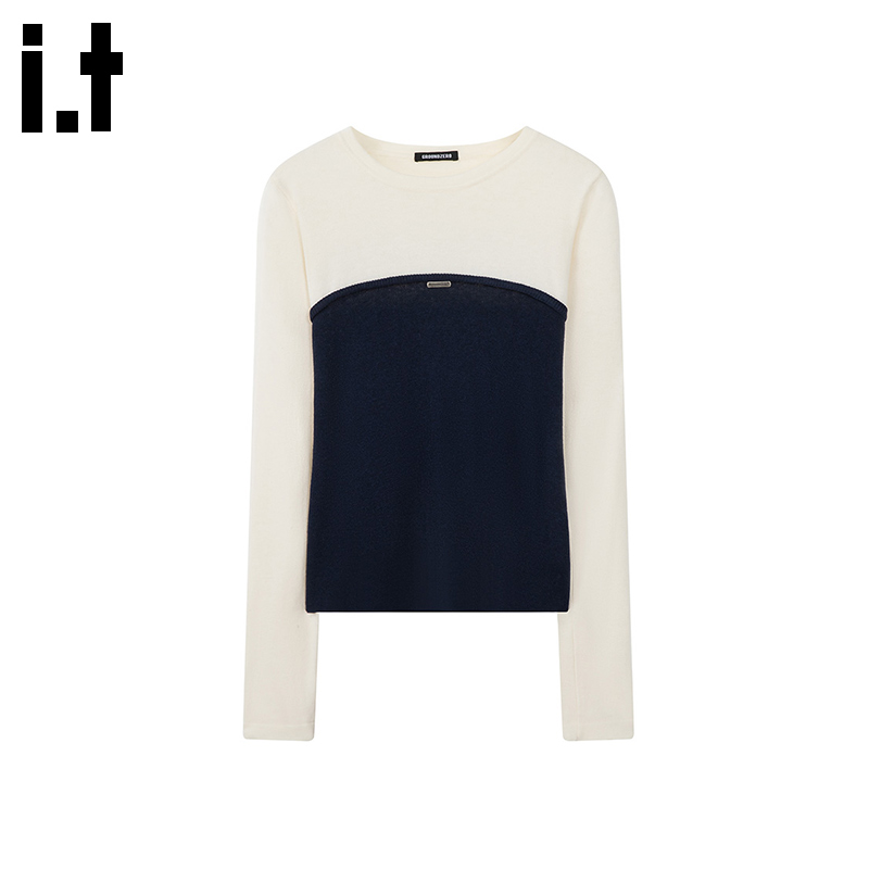 i.t GROUNDZERO秋冬慵懒风拼接收腰黑色撞色长袖针织衫上衣女