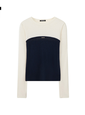 i.t GROUNDZERO秋冬慵懒风拼接收腰黑色撞色长袖针织衫上衣女