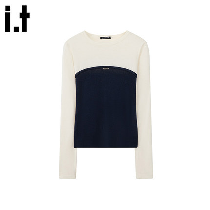 i.t GROUNDZERO秋冬慵懒风拼接收腰黑色撞色长袖针织衫上衣女