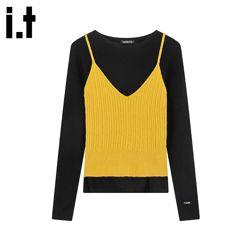 i.tGROUNDZERO韩系两件套装时尚圆领黄色毛衣针织衫长袖女上衣