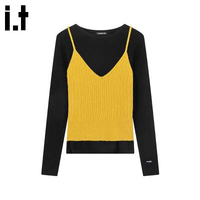 i.tGROUNDZERO韩系两件套装时尚圆领黄色毛衣针织衫长袖女上衣