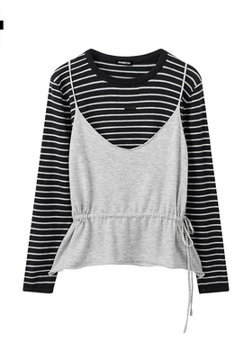 i.tGROUNDZERO韩系条纹吊带两件套装收腰浅灰色针织衫长袖女上衣