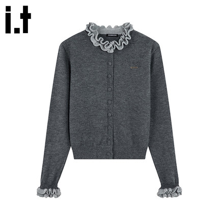 i.t GROUNDZERO2025秋冬灰色毛衣外套针织衫时尚木耳领开衫女