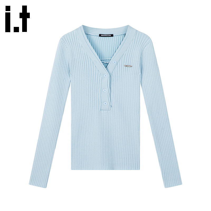 i.t GROUNDZERO2025秋冬浅蓝半开领内搭开衫毛衣针织衫长袖上衣女
