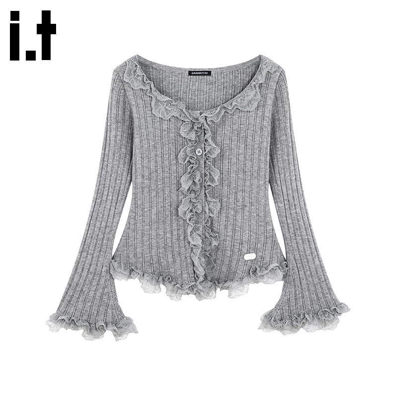 i.t GROUNDZERO2025秋冬喇叭袖木耳边浅灰色开衫毛衣外套针织衫女