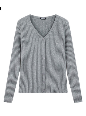 i.t GROUNDZERO2025秋冬灰色毛衣外套针织衫刺绣长袖开衫上衣女