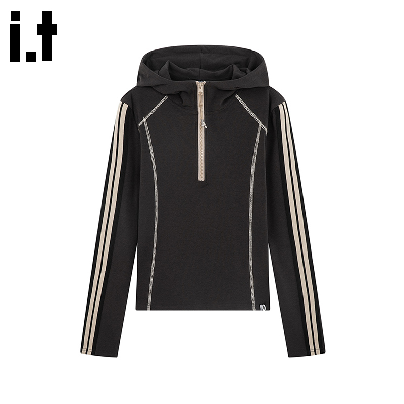 i.t GROUNDZERO2025秋冬咖啡色线条半开领毛衣外套长袖针织衫女