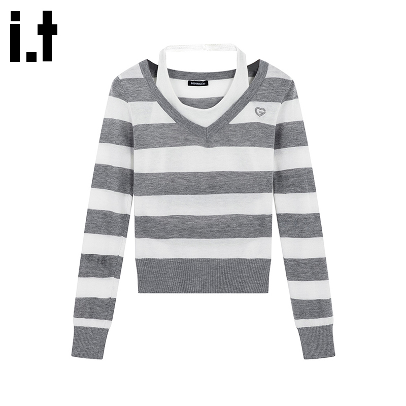 i.t GROUNDZERO2025秋款两件装毛衣高品质针织衫条纹长袖上衣女