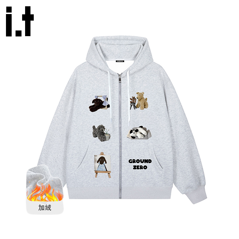 itGROUNDZERO2025秋冬加绒男女同款黑色卡通拉链连帽长袖卫衣上衣