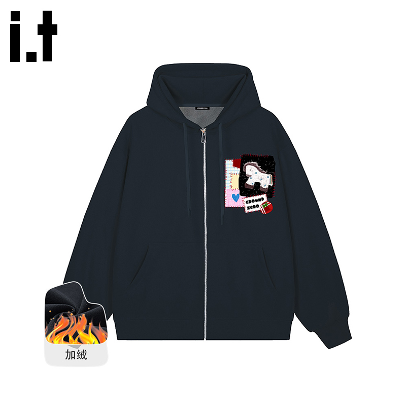 itGROUNDZERO2025秋冬加绒小马情侣款深灰色拉链连帽长袖卫衣上衣