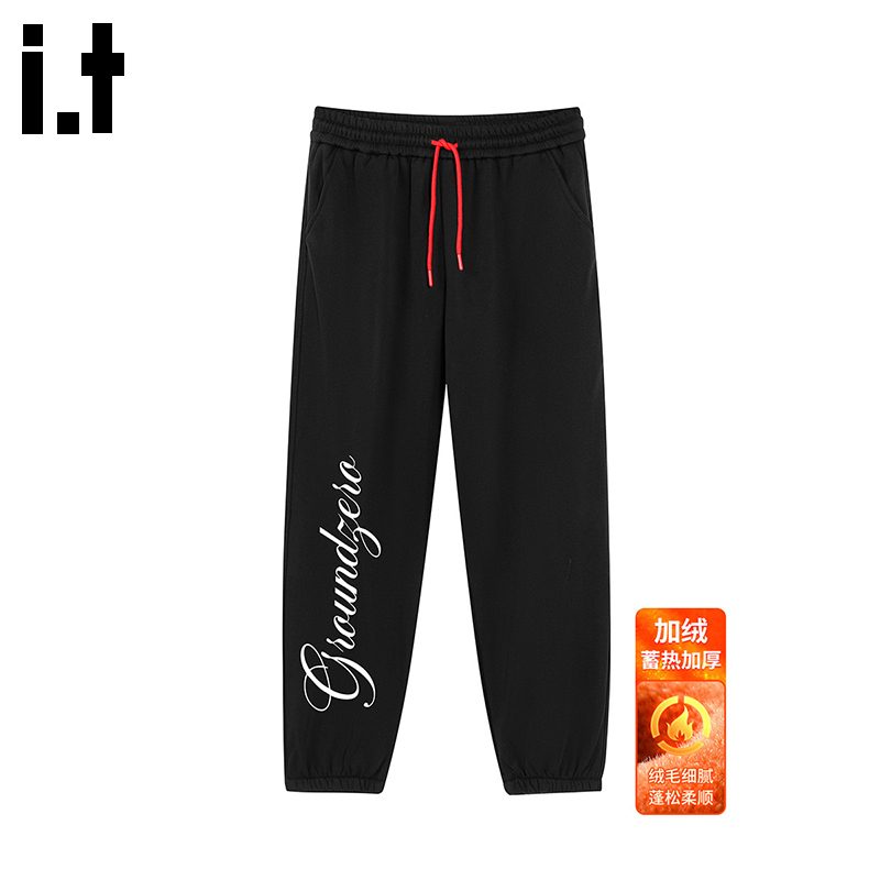i.tGROUNDZERO秋冬显瘦侣直百搭情筒黑色休闲卫裤腿长裤子