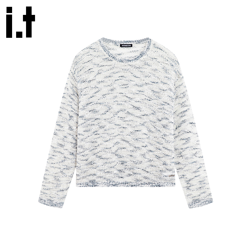 i.t GROUNDZERO韩系2025秋冬白色个性圆领长袖毛衣针织开衫女