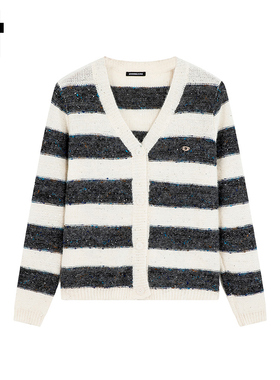 i.tGROUNDZERO2025秋冬韩系开衫白色V领条纹毛衣长袖卫衣上衣