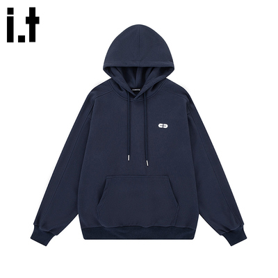 i.t GROUNDZERO2025秋季藏青色圆领长袖落肩情侣卫衣套装上衣