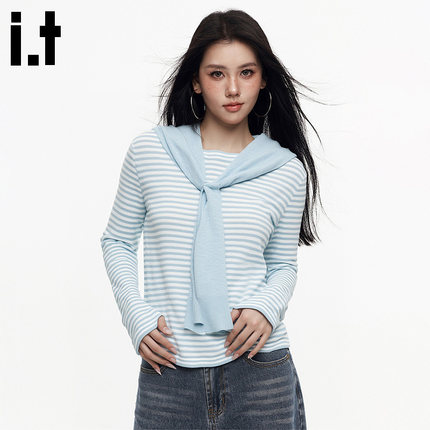 i.tGROUNDZERO圆领百搭个性设计粉蓝毛衣披肩长袖针织衫上衣女