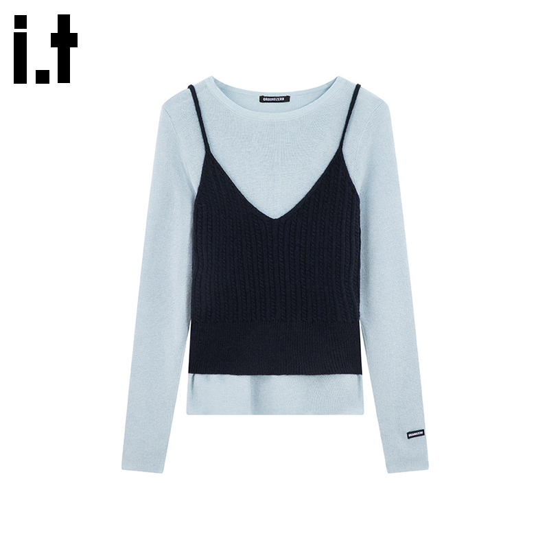 i.tGROUNDZERO韩系两件套装时尚圆领黑色毛衣针织衫长袖女上衣